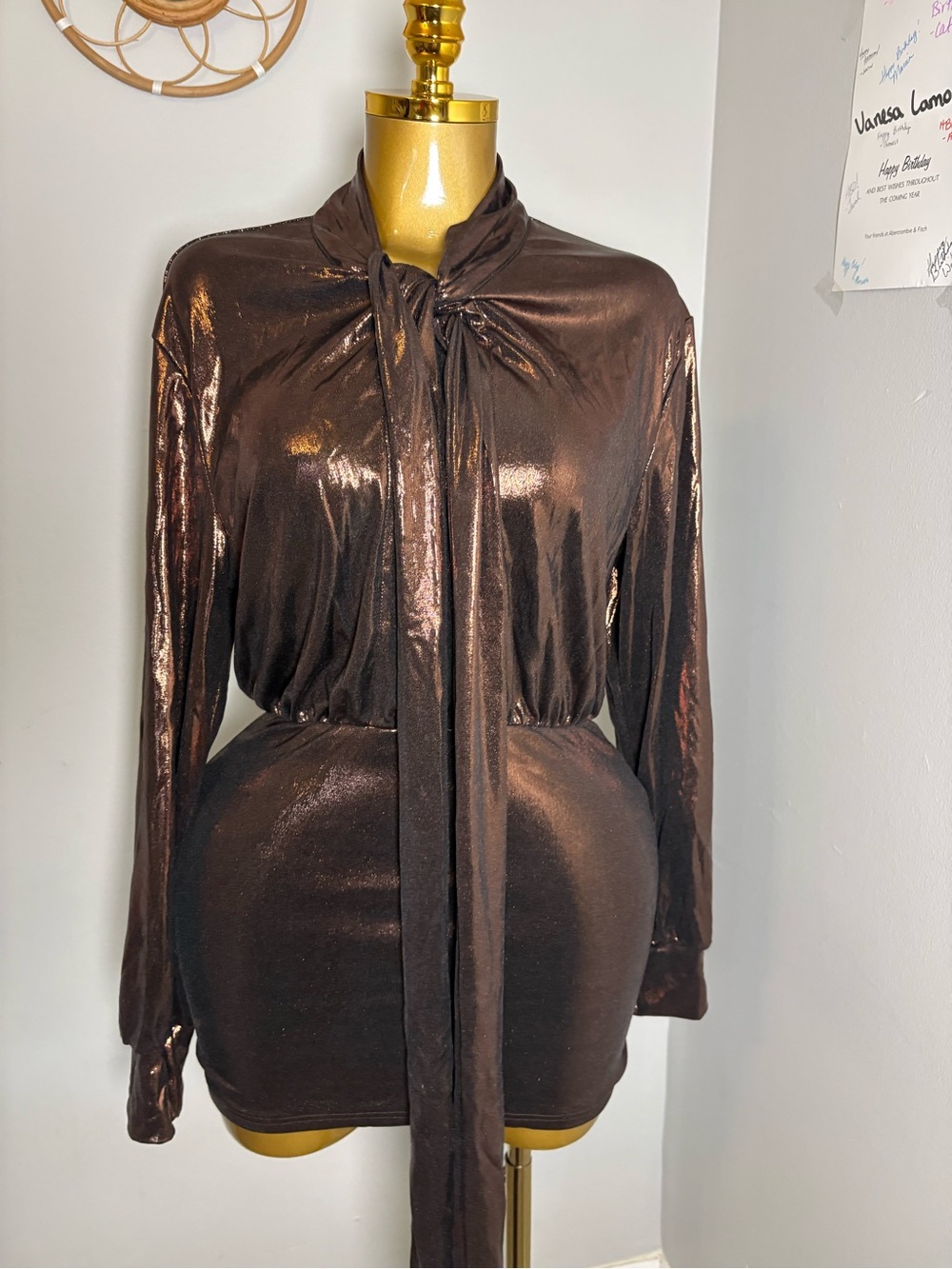 Shimmery Brown Tie-Neck Blouse